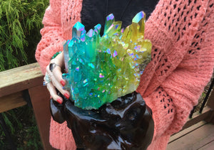 Aura Elestial Rainbow Crystal Quartz Large 8 lb. Cluster ~ Large Points ~  Sensational Collector's Display ~ Hand Made Stand - Fast Shipping