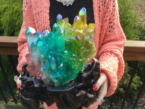 Aura Elestial Rainbow Crystal Quartz Large 8 lb. Cluster ~ Large Points ~  Sensational Collector's Display ~ Hand Made Stand - Fast Shipping
