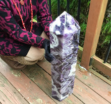 Load image into Gallery viewer, Amethyst Stalactite Generator Crystal Large 63 lb. Free Standing ~ 27&quot; Tall  7 &quot; Wide ~ Purple &amp; White Swirling Colors ~ Museum Quality