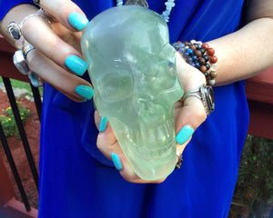 Fluorite Crystal Quartz Large 2 Lb. 5 oz. Skull ~ 4" Tall Hand Carved Life Size ~ Translucent Green Crystal Sculpture ~ Fast & Free Standing