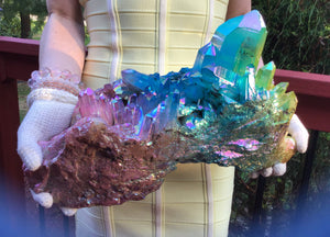 Angel Aura Quartz Crystal Large 26 lb. 12 oz. Cluster ~ 14" Long ~ Pink, Green, Yellow, Rainbow Colors ~ Magnificent Display Centerpiece