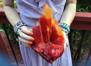 Angel Aura Quartz Crystal Large 5 lb. 8 oz. Cluster ~ 9" Long ~ Electric Orange Yellow Red Big Sparkly Points ~ Rainbow Iridescent Colors