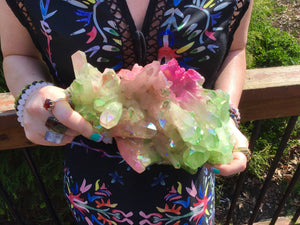 Aura Quartz Crystal Large 4 Lb. 8 oz. Cluster ~ 9" Long ~ Electric Pink & Green ~ Rainbow Iridescent Sparkly Points ~ Fast Free Shipping