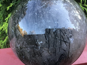 SOLD OUT ~ Reserved for Angela ~ Payment 8 of 20 ~ Large Clear Quartz Tourmaline Crystal Ball ~ 6" Wide ~ 14 Lb. 5 oz ~ Thick Black Hairs