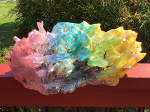Angel Aura Quartz Crystal Large 27 lb. 15 oz. Cluster ~ 14" Long ~ Big Display ~ Pink, Green, Yellow Rainbow Colors ~ Fast & Free shipping