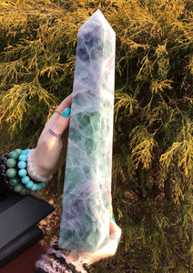 Fluorite Generator Large 9 lb. Tower~ 14" Tall ~ Purple Green & White Swirling Rainbow Colors ~ Free Standing ~ Crystal Point Pillar Display