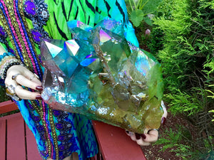Aura Quartz Crystal Large 28 Lb. Cluster ~ 12" Long ~ Rainbow Angel Colors Blue, Purple, Green, Yellow ~ Big Iridescent Sparkling Points