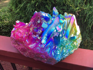 Aura Quartz Crystal Large 16 Lb. Cluster ~ 10" Long ~ Massive ~ Angel Rainbow Colors ~ Red, Blue, Green ~ Magnificent Centerpiece Display