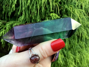 Fluorite Wand Clear Rainbow Double Terminated Generator ~ Big 4.8 oz. ~ Sparkling Green, Purple, Blue Colors ~4" Long ~ Reiki Altar Display