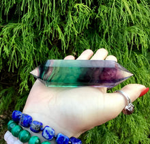 Load image into Gallery viewer, Fluorite Wand Clear Rainbow Double Terminated Generator ~ Big 4.8 oz. ~ Sparkling Green, Purple, Blue Colors ~4&quot; Long ~ Reiki Altar Display