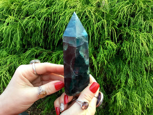 Fluorite Crystal Generator Large 1 Lb. Tower ~ 5" Tall ~ Electric Glowing Blue & Purple Rainbow Color Inclusions ~ Fast Free Shipping