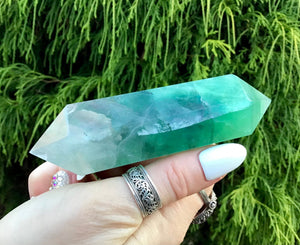Fluorite Clear Double Terminated Big 6 oz. Generator ~ 4" Long Wand ~ Sparkling Green, Purple, Blue Rainbow Colors ~  Reiki, Altar Display