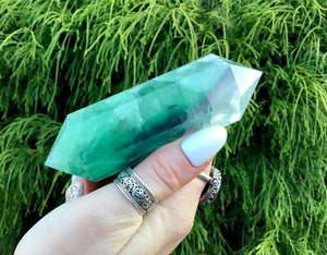 Fluorite Clear Double Terminated Big 6 oz. Generator ~ 4" Long Wand ~ Sparkling Green, Purple, Blue Rainbow Colors ~  Reiki, Altar Display