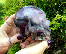Load image into Gallery viewer, Fluorite Crystal Large 1 Lb. 12 oz. Skull ~ 3&quot; Tall ~ Hand Carved ~ Translucent Rainbow Purple Crystal Sculpture ~ Free Standing ~ Fast Ship