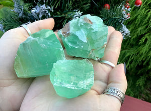 Calcite Trio of Green Crystals  ~ 9.5 oz. ~ Ultra Sparkly Luster ~ Perfect for Gifting ~ Colorful Altar Décor Display ~ Fast & Free Shipping