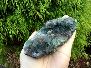 Fluorite Crystal Big 9 oz. Cluster ~ 4 1/2“ Long ~ Deep Green Colors ~ Sparkling Matrix ~ Sacred Geometry Formation ~ Fast & Free Shipping