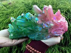 Aura Quartz Crystal  Large 6 Lb. Cluster ~ 9" Long ~ Electric Pink & Radiant Green Angel Colors ~ Big Rainbow Iridescent Sparkling Points