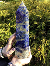 Load image into Gallery viewer, Sodalite Crystal Large 3 Lb. 15 oz. Generator ~ 11&quot; Tall ~ Sparkling White &amp; Blue ~ Big Beautifully Polished High Quality ~ Self Standing
