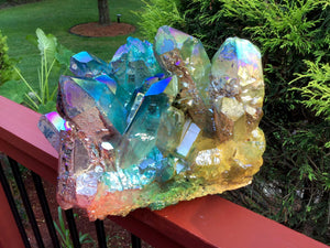 Aura Quartz Crystal Large 28 Lb. Cluster ~ 12" Long ~ Rainbow Angel Colors Blue, Purple, Green, Yellow ~ Big Iridescent Sparkling Points