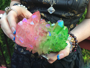 Elestial Aura Quartz Crystal 2 Lb. 5 oz. Cluster ~ 5" Long ~ Electric Pink & Green ~ Rainbow Iridescent ~ Sparkling Points ~ Fast Shipping