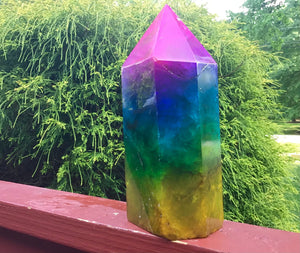 Rainbow Aura Fluorite Crystal Large 8 lb. 6 oz. Generator ~ 9" Tall ~ Massive ~ Rainbow Pink, Blue, Green Yellow Colors ~ Fast Free Shipping