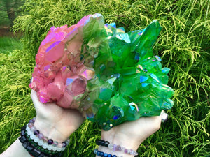 Angel Aura Quartz Crystal Large 8 Lb. 14 oz. Cluster ~ 8" Long ~ Electric Pink & Green Rainbow Iridescent Sparkling Points ~ Fast Shipping