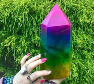 Rainbow Aura Fluorite Crystal Large 8 lb. 6 oz. Generator ~ 9" Tall ~ Massive ~ Rainbow Pink, Blue, Green Yellow Colors ~ Fast Free Shipping