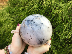 Tourmaline Crystal Ball Large 8 lb. Polished Quartz Sphere ~ 5 1/2" Wide ~ Swirling Thick Black Tourmalated Hairs ~ Big Display Specimen