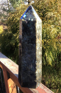 Labradorite Generator Large Crystal Point 25 Lb. Tower ~ 17" Tall Free Standing Polished Pillar ~ Colorful Flashy, Blue, Gold, Green Colors