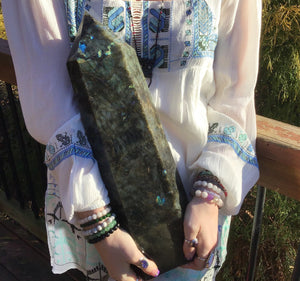 Labradorite Generator Large Crystal Point 25 Lb. Tower ~ 17" Tall Free Standing Polished Pillar ~ Colorful Flashy, Blue, Gold, Green Colors