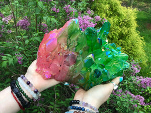 Angel Aura Quartz Crystal Large 8 Lb. 14 oz. Cluster ~ 8" Long ~ Electric Pink & Green Rainbow Iridescent Sparkling Points ~ Fast Shipping