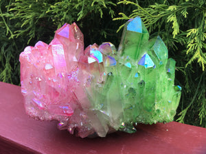 Elestial Aura Quartz Crystal 2 Lb. 5 oz. Cluster ~ 5" Long ~ Electric Pink & Green ~ Rainbow Iridescent ~ Sparkling Points ~ Fast Shipping