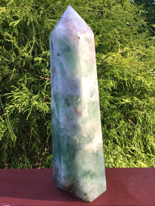 Fluorite Crystal Quartz Generator Large 5 Lb. Tower ~ 10" Tall ~ White Angel Feathers Green Swirling Colors Splashes of Red ~ Free Standing