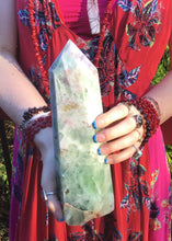 Load image into Gallery viewer, Fluorite Crystal Quartz Generator Large 5 Lb. Tower ~ 10&quot; Tall ~ White Angel Feathers Green Swirling Colors Splashes of Red ~ Free Standing