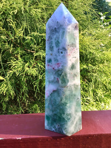 Fluorite Crystal Quartz Generator Large 5 Lb. Tower ~ 10" Tall ~ White Angel Feathers Green Swirling Colors Splashes of Red ~ Free Standing