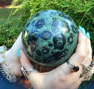 Kambaba Jasper Crystal Ball Large 3 lb. 7 oz. Polished Sphere ~ 3 1/2" Wide ~ Green Black Swirling Inclusions ~ Fast & Free Shipping