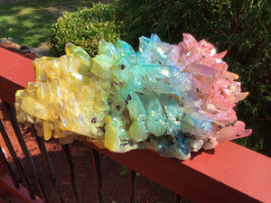 Angel Aura Quartz Crystal Large 27 lb. 15 oz. Cluster ~ 14" Long ~ Big Display ~ Pink, Green, Yellow Rainbow Colors ~ Fast & Free shipping