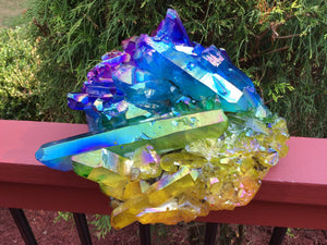 Aura Quartz Crystal Large 19 lb. 9 oz. Cluster ~ 11" Long ~ Angel Rainbow Colors Yellow, Blue, Green ~ Magnificent Display ~ Fast Shipping