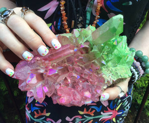 Aura Quartz Crystal Large 3 Lb. Cluster ~ 8" Long ~ Electric Pink & Green Points ~ Rainbow Iridescent ~ Big Sparkly Points ~ Fast Shipping