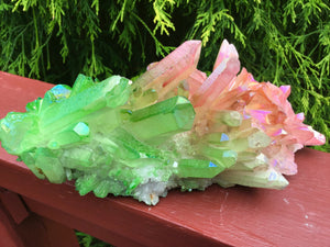 Elestial Aura Quartz Crystal 2 Lb. 8 oz. Cluster ~ 8" Long ~ Electric Pink & Green ~ Rainbow Iridescent Sparkling Points ~ Fast Shipping