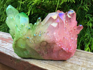 Elestial Aura Quartz Crystal Large 2 Lb. 4 oz. Cluster ~ Rainbow Pink & Electric Green ~ Big Iridescent Points ~ White Opalescent Colors