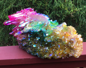 Aura Quartz Crystal Large 15 lb. Double Terminated Cluster ~ 13" Long ~ Sparkling Pink, Green, Yellow Rainbow Colors ~ Fast Free Shipping