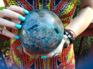 Apatite Crystal Ball Large 7 Lb. 7 oz. Polished Sphere ~ 5" Wide ~ Beautiful Deep Blue Display ~ Reiki, Altar Décor, Feng Shui, Yoga Display