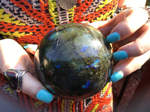 Labradorite Crystal Ball Golden Large 2 lb. 5 oz Sphere ~ 3" Wide ~ Flashy Iridescent Blue, Gold Green ~ Beautiful Display ~ Fast Shipping
