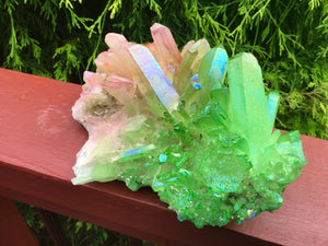 Elestial Aura Quartz Crystal 2 Lb. 8 oz. Cluster ~ 8" Long ~ Electric Pink & Green ~ Rainbow Iridescent Sparkling Points ~ Fast Shipping