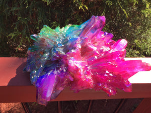 Aura Quartz Crystal Large 8 Lb. 14 oz. Cluster ~ 9" Long ~ Electric Purple, Blue Green Colors ~ Long Sparkling Rainbow Iridescent Points