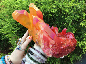 Angel Aura Quartz Crystal Large 5 lb. 8 oz. Cluster ~ 9" Long ~ Electric Orange Yellow Red Big Sparkly Points ~ Rainbow Iridescent Colors