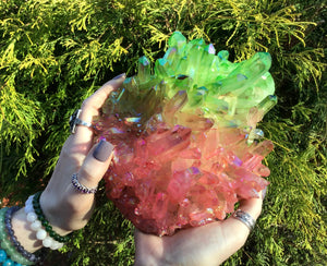 Aura Quartz Crystal Large 5 Lb. Cluster ~ 8" Long ~ Electric Pink & Green Points ~ Rainbow Iridescent ~ Big Sparkly Points ~ Fast Shipping