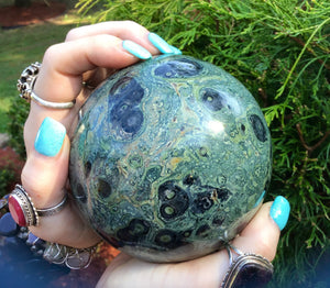 Kambaba Jasper Crystal Ball Large 3 lb. 7 oz. Polished Sphere ~ 3 1/2" Wide ~ Green Black Swirling Inclusions ~ Fast & Free Shipping