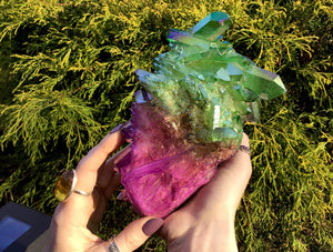 Elestial Aura Quartz Crystal Large 3 lb. 10 oz. Cluster ~ 7" Long ~ Big Rainbow Iridescent Electric Purple & Green Points ~ Free Shipping